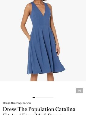 Dress the Population Blue V‑Neck Fit‑and‑Flare Midi Dress